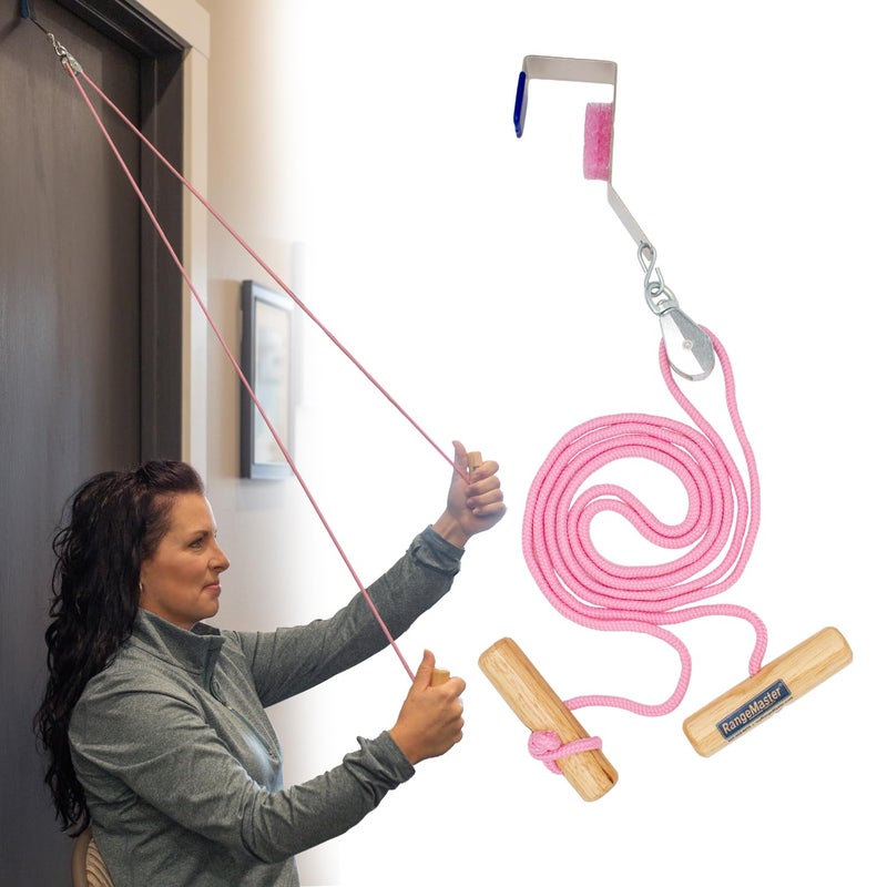 RangeMaster Econo Ranger Shoulder Pulley │ Physical Therapy Exercises │ Aids in Recovery and Rehabilitation │ Increases Mobility │ Wooden Handles for Comfort │ Metal Bracket Door Attachment (Pink) - Image 1